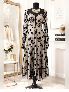 JJ HOUSE Romantic Edgy Black Midi Dress w/Lace Floral Shell